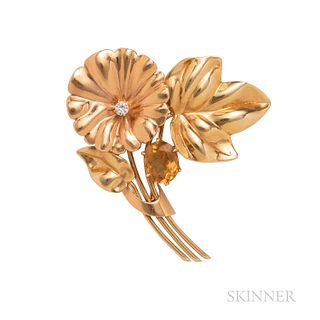 Retro 14kt Bicolor Gold, Citrine, and Diamond Flower Brooch