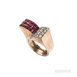 Retro Gold, Synthetic Ruby, and Diamond Ring