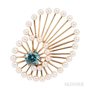 14kt Gold, Zircon, and Cultured Pearl Brooch