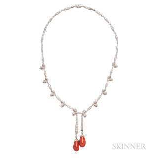 18kt White Gold, Coral, and Diamond Necklace