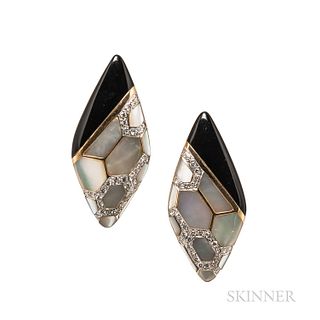 14kt Gold, Mother-of-pearl, Onyx, and Diamond Earrings