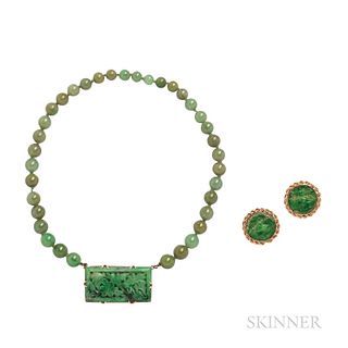 14kt Gold and Jade Earclips and Necklace