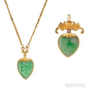 Two High-karat Gold and Jade Pendants