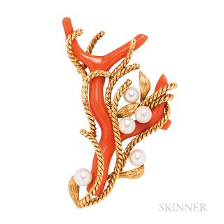 David Webb 18kt Gold, Coral, and Cultured Pearl Brooch