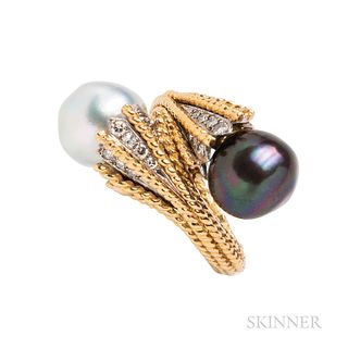18kt Gold, Cultured Pearl, and Diamond Bypass Ring