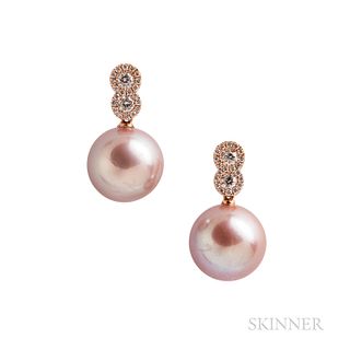 18kt Rose Gold, Pink Freshwater Pearl, and Diamond Earrings