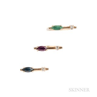 Suite of Three 14kt Gold Gem-set Stacking Rings