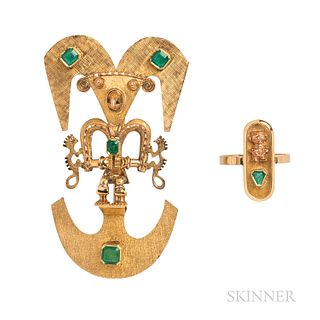 18kt Gold and Emerald Figural Brooch and Ring