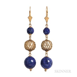 14kt Gold, Lapis, and Cultured Pearl Earrings