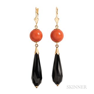 14kt Gold, Coral, and Onyx Earrings