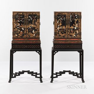 Pair of Gilt and Lacquered Two-door Cabinets on Stands