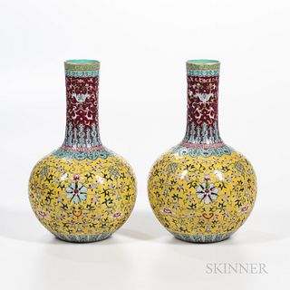 Pair of Famille Rose Yellow-ground Vases