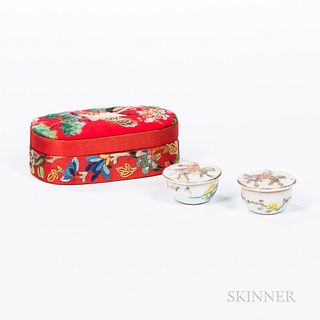 Pair of Ceramic Trinket Boxes in an Embroidered Silk Case