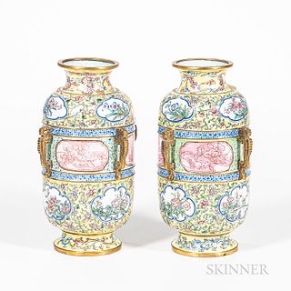 Pair of Canton Enamel Vases