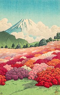 Kawase Hasui (1883-1957) View of Mt Fuji from an Azalea Garden