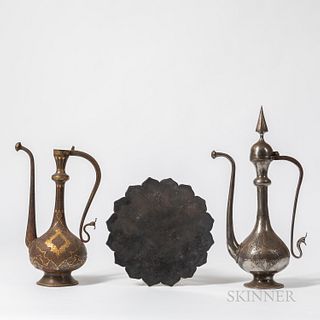 Two Inlaid Metal Ewers and a Tray