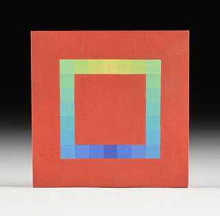 SIBYL EDWARDS (Canadian b. 1944) A GEOMETRIC ABSTRACTION PAINTING, "Blue to Yellow Gradient Square on a Red Ground," 1975,