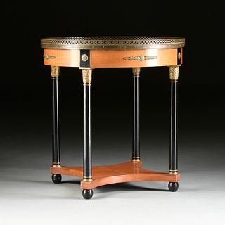 AN EMPIRE STYLE BRONZE MOUNTED LEATHER TOPPED MAPLE AND EBONIZED WOOD BOUILLOTTE TABLE, LATE 20TH CENTURY,