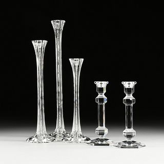 A GROUP OF FIVE BELGIAN AND CONTINENTAL CUT AND MOLDED CRYSTAL CANDLESTICKS, MODERN,