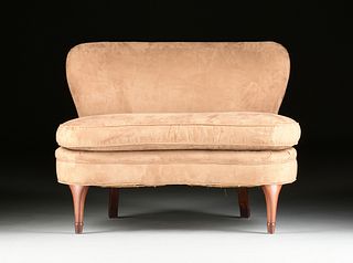 A MID-CENTURY MODERN STYLE FAUX ULTRA SUEDE UPHOLSTERED LOVESEAT, 20TH CENTURY,