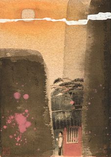 A JAPANESE ABSTRACT LANDSCAPE PAINTING WITH POEM, SIGNED, MODERN,