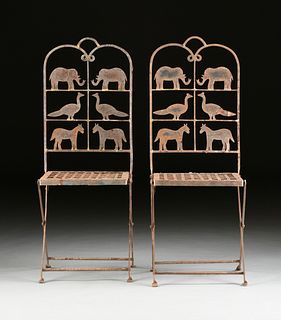 A SET OF SIX CIRCUS ANIMAL SILHOUETTE IRON FOLDING CHAIRS, LATE 20TH CENTURY,
