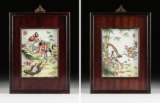 A PAIR OF CHINESE EXPORT FAMILLE ROSE PAINTED PORCELAIN PLAQUES, SIGNED, JAPAN AND HONG KONG, MODERN,
