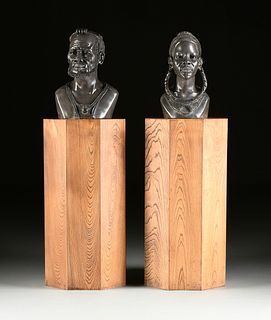B. FOMBE (Zimbabwean 20th Century) A PAIR OF AFRICAN SHONA SCULPTURES, "Bust of Man," AND "Bust of Woman,"