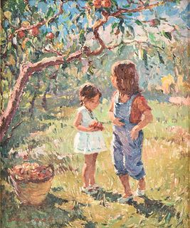 JOSÉ MANUEL CHICO PRATS (Spanish 1916-2006) A PAINTING, "Children Collecting Apples," 