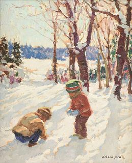 JOSÉ MANUEL CHICO PRATS (Spanish 1916-2006) A PAINTING, "Children Playing in the Snow," 