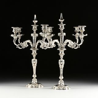 A PAIR OF GEORGE III STYLE FIVE LIGHT SILVERPLATED CANDELABRAS, 20TH CENTURY,