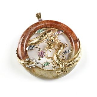 A VINTAGE CHINESE 14K GOLD, PRECIOUS GEMSTONE SET CIRCLE JADE PENDANT, DRAGON IN CLOUDS, 1950's,