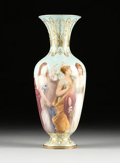 A VIENNA STYLE "SPRING DANCE" GILT AND PAINTED PORCELAIN VASE, SIGNED SELLER, MARKED, LATE 19TH/EARLY 20TH CENTURY,