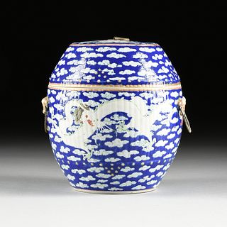 A CHINESE FAMILLE VERTE BLUE GROUND ENAMELED PORCELAIN "CAMCHENG" LIDDED SOUP JAR, DRAGON IN THE CLOUDS, EARLY 20TH CENTURY,
