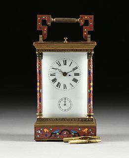 A FRENCH CLOISONNÉ ENAMELED GILT BRONZE AND BEVELED GLASS CARRIAGE CLOCK, LATE 19TH/EARLY 20TH CENTURY,