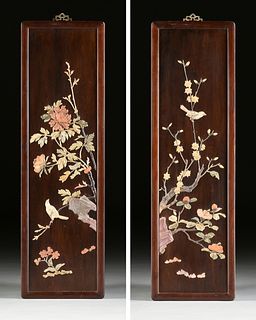 A PAIR OF VINTAGE CHINESE HARDSTONE INLAID WOOD PANELS, BIRDS IN LANDSCAPE, PROBABLY LATE CHINESE REPUBLIC (1912-1949),