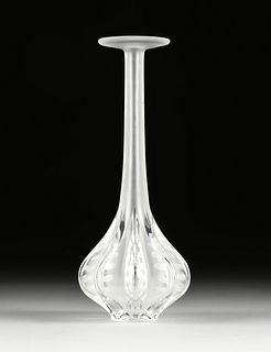 A LALIQUE TALL NECKED FROSTED CRYSTAL "CLAUDE" BUD VASE, SIGNED, LATE 20TH CENTURY,