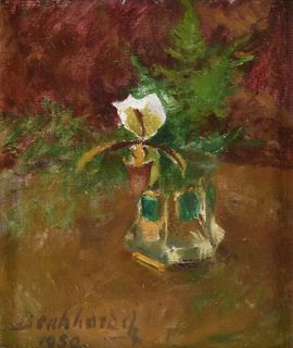 CONTINENTAL SCHOOL, A PAINTING, "Still life with Calla Lily in an Emerald Gilt Glass Vase," 1959,