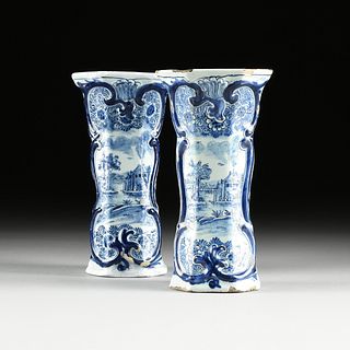 A PAIR OF DUTCH DELFT BLUE AND WHITE GLAZED BEAKER VASES, MARKED, CIRCA 1800,
