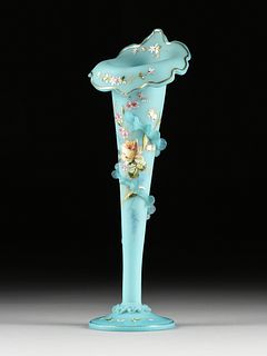 A THOMAS WEBB & SONS POLYCHROME ENAMELED FROSTED BLUE GLASS VASE, MARKED, LATE 19TH CENTURY,