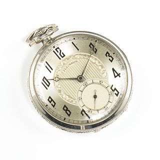 AN ART DECO ILLINOIS WATCH CO WHITE GOLD FILLED POCKET WATCH, #4364535,17 JEWELS, 1923,  