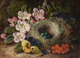 GEORGE CLARE (English 1835-1900) A PAINTING, "Green Eggs in Nest with Plums and Plum Blossoms," 