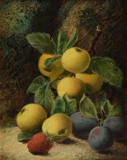 OLIVER CLARE (English 1853-1927) A PAINTING, "Summer Plums, Apples and a Strawberry," CIRCA 1885,