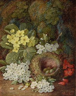 VINCENT CLARE (English 1855-1930) A PAINTING, "Bird's Nest with Green Eggs and Flowers," CIRCA 1885,