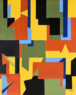 CHARLOTTE KLEBANOFF (American/Texas b. 1925) A PAINTING, "Hard Edge in Black, Orange, Green, Yellow and Blue," 