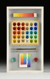 SIBYL EDWARDS (Canadian b. 1944) THE ARTIST'S PALETTE, BRUSHES AND COLOR CHART, "Dr. Ph. Martin's Water Colors," 1975,