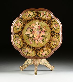 A VICTORIAN FLORAL PAINTED AND ABALONE INLAID WOOD TILT TOP TEA TABLE, POSSIBLY AMERICAN, CIRCA 1850s,