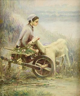attributed to FREDERICK PORTER VINTON (American 1846-1911) A PAINTING, "Amish Shepherdess Feeding Lamb from a Wheelbarrow,"