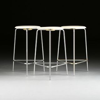 ARNE JACOBSEN (Danish 1902-1971) THREE WHITE PAINTED WOOD AND CHROME STOOLS, "High Dot," FOR FRITZ HANSEN, MARKED, CIRCA 1970,