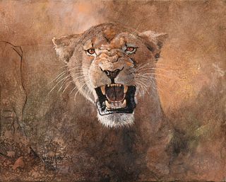 KOBUS MÖLLER (African b. 1949) A PAINTING, "Lioness Warning,"